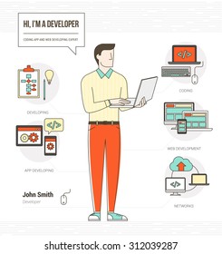 Professional developer and programmer infographic skills resume with tools, equipment and icons