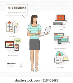 Professional developer and programmer infographic skills resume with tools, equipment and icons