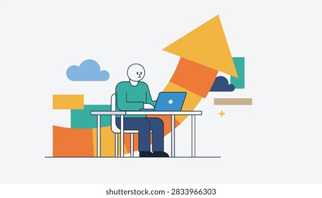 Professional developer working on laptop at desk with a big upward arrow showing career growth and business success.