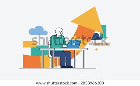 Professional developer working on laptop at desk with a big upward arrow showing career growth and business success.