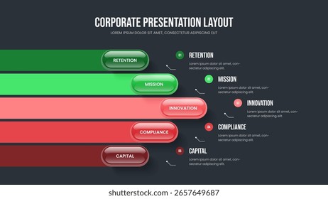 Diseño de presentación de diapositivas de infografía de 5 elementos de desarrollo de Profesional. Plantilla de diapositivas de diagrama de cinco opciones de Plan visual. Ilustración vectorial de diseño de presentación de innovación de marketing.