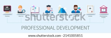Professional development banner with icons. Training, practice, learning, skill, career, mentoring, degree, professional school icons. Business concept. Web vector infographic in 3D style