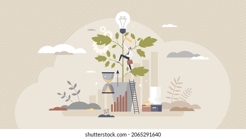 Professional development and career growth or improvement tiny person concept. High ambition and employee potential realization vector illustration. Work progress and talent training to reach goal.