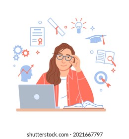 Professional development concept. Flat young successful business woman portrait with personal computer, opened book on white motivation background. Modern Caucasian girl. Cartoon vector illustration.