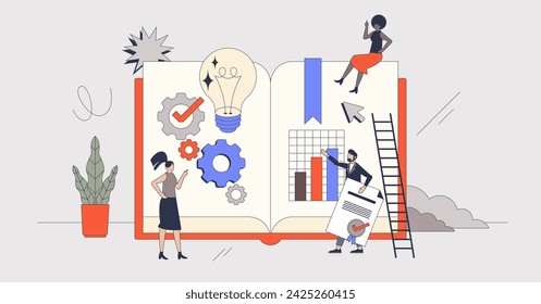 Professional development for effective business growth retro tiny person concept. Successful leadership with clear vision, objectives and targets achievement vector illustration. Professional skills
