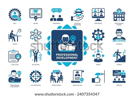 Professional Development icon set. Training, Practice, Learning, Case Study, Career, Mentoring, Degree, Professional School. Duotone color solid icons