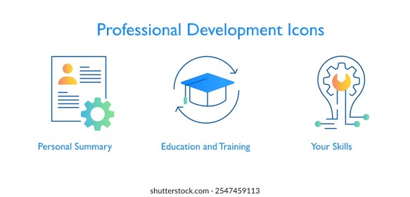 Ícones de desenvolvimento profissional: Ícones incluídos: Resumo pessoal, educação e treinamento, suas habilidades