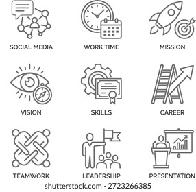 Professional development icons set, teamwork, leadership, career growth, skills, mission, vision, presentation, work time, social media strategy vector illustration