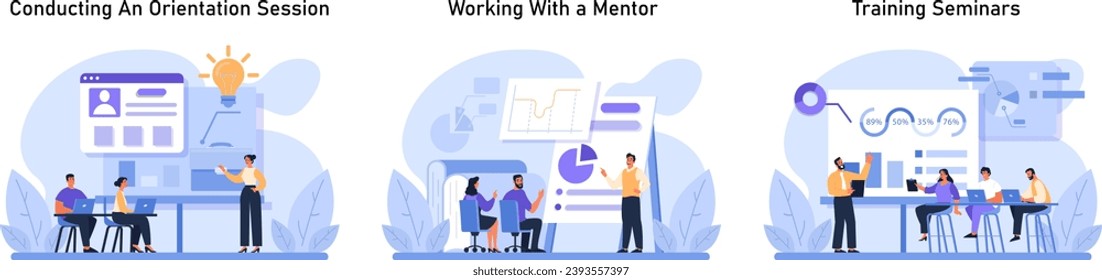 Professional Development set. Employees engaging in various learning activities. Orientation session, mentor guidance, and data-driven seminars. Flat vector illustration.