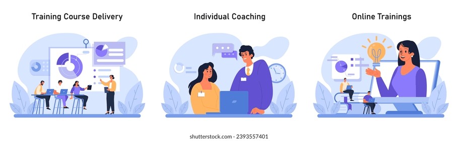 Professional Development set. Engaging training course delivery, tailored individual coaching, and interactive online trainings. Skill enhancement and growth opportunities. Flat vector illustration.