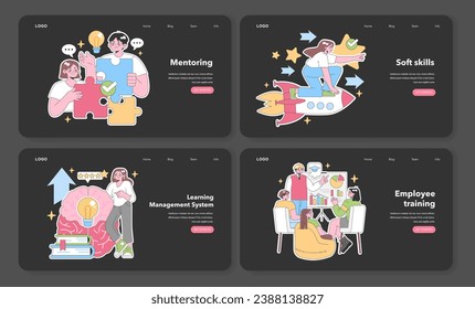 Professional Development set. Mentoring bridges knowledge gaps. Soft skills elevate careers. Brain illuminates with Learning Management. Collaborative approach in Employee training. Flat vector