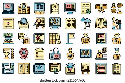 El desarrollo profesional de los iconos de los profesores establece el vector de contorno. Seminario personal. Plano plano de color webinar para portátiles