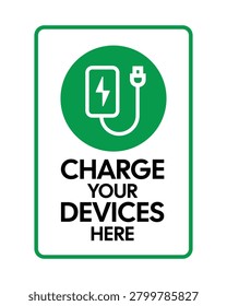 Professional device charging station sign featuring a charging cable and power symbol, designed for public charging points, offices, airports, hotels, coworking spaces, and commercial facilities. Ideal for wayfinding systems, informational signage, charging zones, and device power station identification.