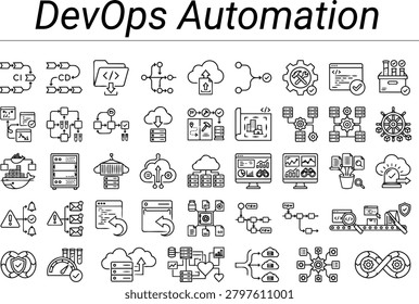 Professional DevOps automation line icon collection featuring CICD pipeline, code deployment, testing, monitoring, version control, containerization and software development workflow concepts. Editable Icon