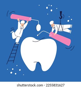 Professional diagnostics and treatment of teeth. The dentist examines the problem tooth using special tools. Modern illustration in flat cartoon style. Check-up at the doctor's office.