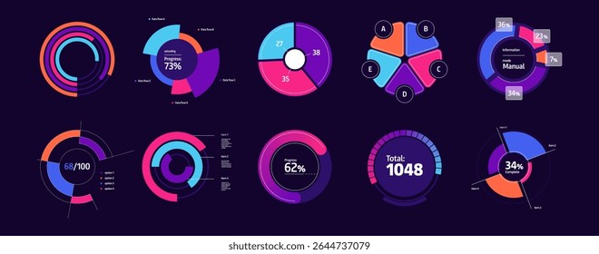 Professional diagrams for business intelligence dashboards. Vector pie charts with labeled data points and gridlines. Performance tracking and KPI reports, sales metrics and financial insights