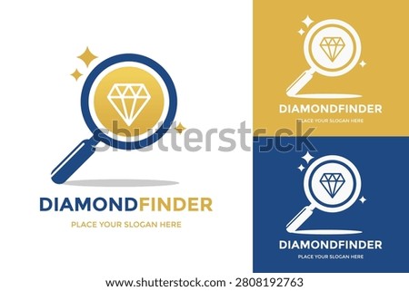 Professional diamond finder and magnifier search logo design vector representing gem discovery and premium research.