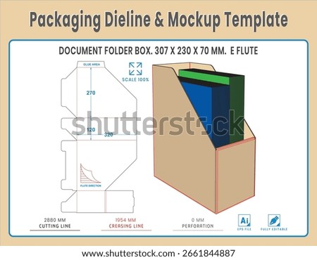 Professional dieline and packaging mockup template for document folder and letter-size paper box. Includes detailed dimensions, fold lines, cut lines, and 3D mockup visualization.