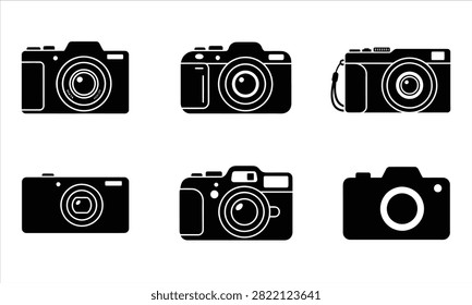 Professional digital camera icons set featuring various styles for photography equipment and imaging tech applications.