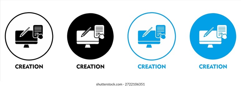Professional digital content creation icon set in black and blue circular variations, featuring a computer screen, pen, and document as scalable vector graphics for creative agencies and software interfaces.