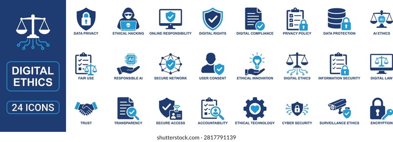 Professional digital ethics and AI governance icon set featuring data privacy, cyber security, responsible AI, digital compliance, transparency, user consent, encryption, accountability, information security, online safety, and ethical technology symbols. Ideal for websites, dashboards, presentations, and fintech platforms.
