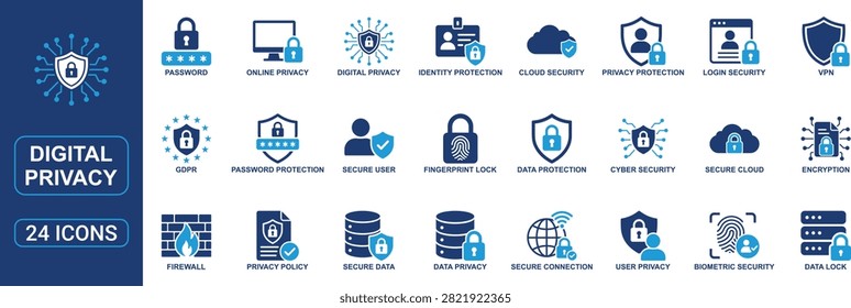 Professional digital privacy and online security solid icon set featuring data protection, VPN, GDPR compliance, biometric authentication, encryption, firewall, secure connection, password security, cloud protection, identity verification, and user privacy symbols. Ideal for cybersecurity apps, websites, dashboards, fintech, cloud platforms, and enterprise solutions.