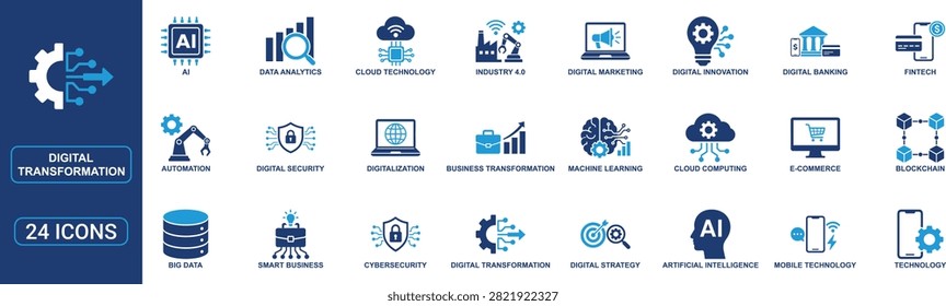 Professional digital transformation and innovation solid icon set featuring automation, Industry 4.0, artificial intelligence, cloud technology, blockchain, big data analytics, cybersecurity, digital banking, smart business, cloud computing, and business transformation symbols. Perfect for enterprise software, fintech, technology websites, dashboards, and presentations.