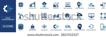 Professional digital transformation and innovation solid icon set featuring automation, Industry 4.0, artificial intelligence, cloud technology, blockchain, big data analytics, cybersecurity, digital banking, smart business, cloud computing, and business transformation symbols. Perfect for enterprise software, fintech, technology websites, dashboards, and presentations.
