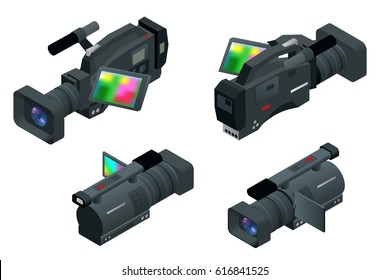 Professional digital video camera. Flat 3d isometric illustration for infographics and design. Camcorders and Equipment. 