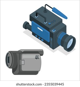 Professional digital video camera. Isolated on white background. Flat 3d isometric vector illustration. For infographics and design. Video camera flat icon. Vector illustration. 2378