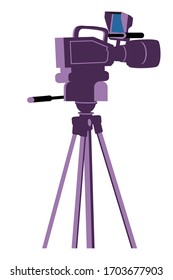 Professional digital video camera on tripod isolated on white background. Movie cinema, shooting tv, news broadcasting multimedia equipment. Technology studio camcorder object