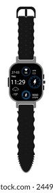 A Professional Digital Wrist Watch Vector Illustration. Modern Wrist Watch Black Screen and blue icon In Grey Dial With Curved Straps In Black Colour. Digital Wrist Watch In Black on White Background.