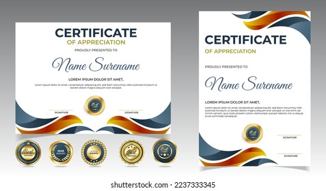 Professional diploma certificate template in modern style. certificate with gold badges. vector