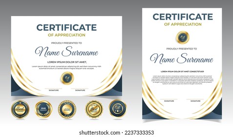 Professional diploma certificate template in modern style. certificate with gold badges. vector