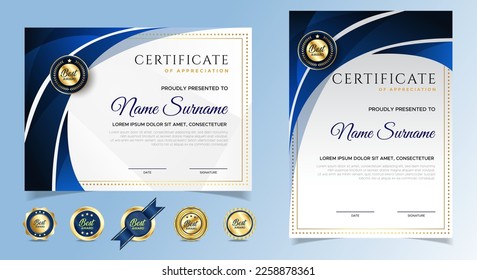 Professional diploma certificate template in modern style. certificate with gold badges. vector