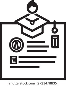 Ícone de diploma profissional com boné acadêmico e figura de pessoa. Gráfico de documento de graduação para escola e universidade.