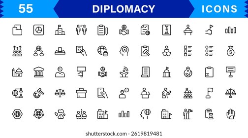 Professional Diplomacy Icon Set Vector Illustration. Most Useful Icons for International Relations, Government, and Peace Negotiations