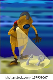 Professional diver knows the depths of the ocean, full of astonishing secrets and adventures. He had the good fortune she found an anchor. Can be used to illustrate the diver of the day