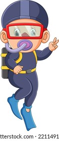 The professional diver man is posing and giving the peace fingers under the water of illustration