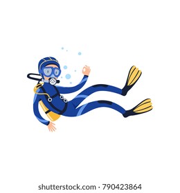 Professional diver swimming underwater and showing OK gesture. Cartoon man character in wetsuit, mask, flippers and aqualung on back. Extreme water sport. Flat vector design
