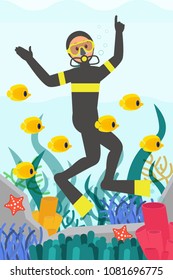 Professional diver swimming underwater surrounded by fishes. Marine life. Beautiful corals reefs. Flat vector design
