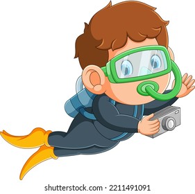 The professional diver is taking the photo with the coral reefs of illustration