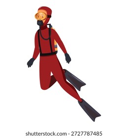 Buzo de Profesional con traje de buceo rojo nadando bajo el agua explorando las profundidades del mar