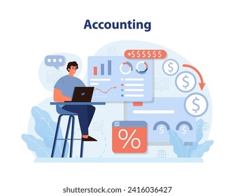 Professional diving into accounting tasks. Man analyzing financial charts, tracking income, and managing expenses. Precision in financial planning. Flat vector illustration.