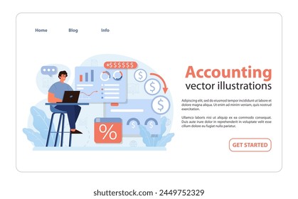 Professional diving into accounting tasks. Man analyzing financial charts, tracking income, and managing expenses. Precision in financial planning. Flat vector illustration.