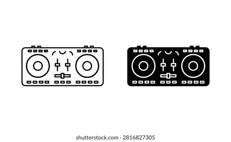 Professional DJ controller equipment represented as a minimalist vector icon set, ideal for music production software interfaces, studio branding, and digital audio workstation design.