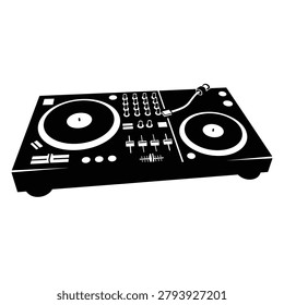 Professional dj controller with turntables and mixer faders. Black and white stenciled graphic of a DJ controller featuring two platters, sliders, and knobs. High contrast minimalist design. Ideal for music event posters or streetwear apparel.