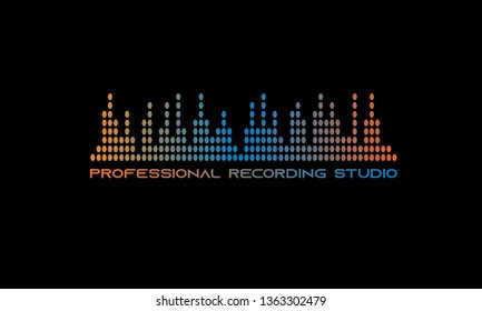 Professional DJ Recording Studio Logo Emblem, Audio Graphic Equalizer with Company Text, Dark Black Background with Orange and Blue Logo