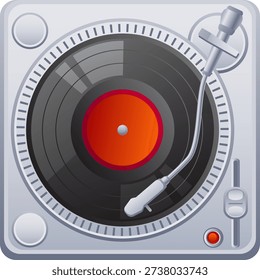 Professional DJ vinyl turntable or record player with black vinyl and needle for music mixing scratching and nightclub performance on white background