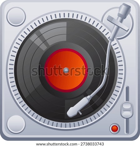 Professional DJ vinyl turntable or record player with black vinyl and needle for music mixing scratching and nightclub performance on white background